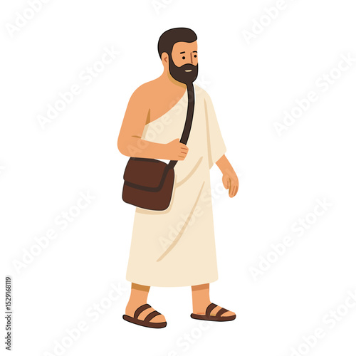 Illustration of a Muslim man wearing white ihram clothes, typically worn during the Hajj or Umrah pilgrimage. He carries a shoulder bag and wears sandals, symbolizing simplicity, devotion