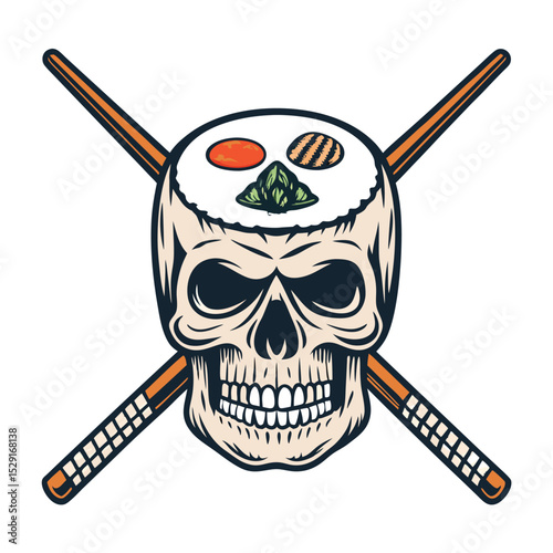 A meticulously detailed rendering of a sushi roll shaped like a skull, wrapped in seaweed, with a single chopstick resting on it.