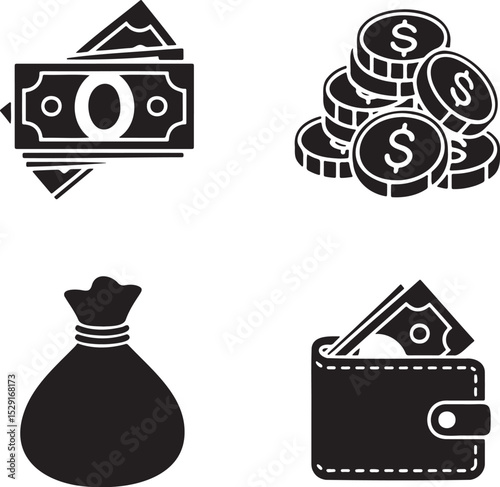 Money Icon silhouette set vector illustration isolated On Transparent Background