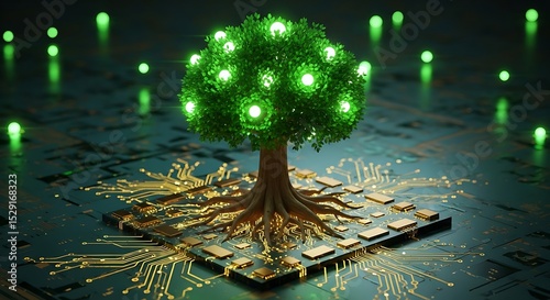Digital tree growing on a circuit board environmental technology concept photo