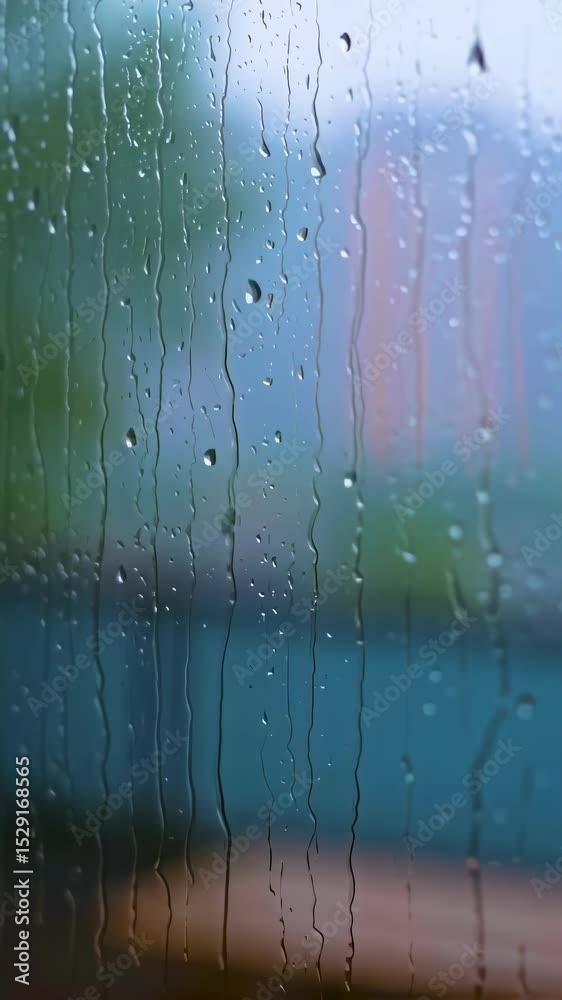 Raindrops cling to glass surface. Water streams down the clear window. Distant colors and shapes blurred behind. Vertical format for electronic devices