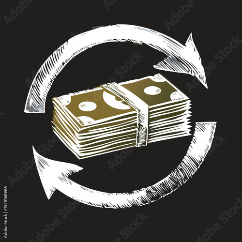 Back, money, refund icon; hand-drawn chalk on black board
