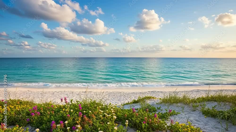 Tranquil Beach Paradise: Turquoise Waters, White Sand, and Vibrant Coastal Flowers Tranquil Beach Paradise: Turquoise Waters, White Sand, and Vibrant Coastal Flowers