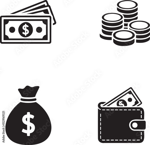 Money Icon silhouette set vector illustration isolated On Transparent Background