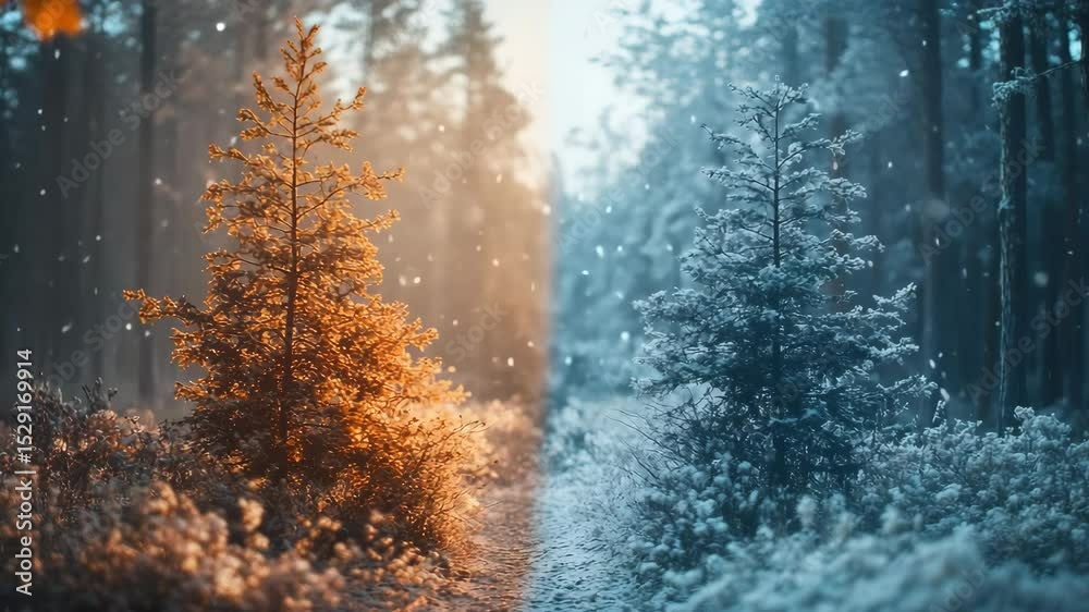 Split-screen forest scene featuring a dramatic color grading transformation, capturing snowfall over warm autumn tones and cold winter hues in a cinematic, seasonal transition style.