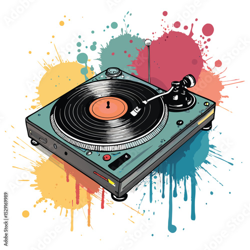 A close-up shot of a vintage turntable playing a vinyl record, splashed with vibrant, abstract paint splatters; showcasing a dynamic blend of music and art.