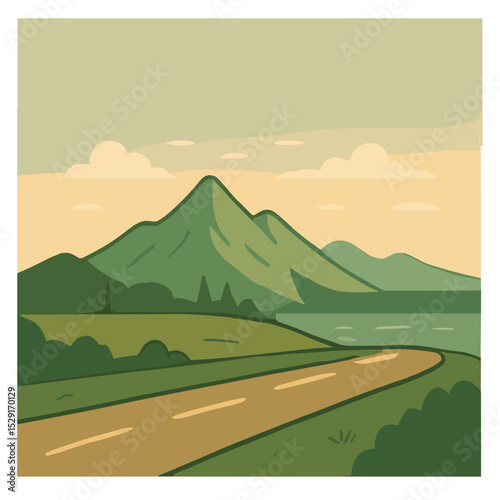 Scenic mountain landscape illustration with a winding road, trees, and cloudy sky. Calm and natural environment, perfect for travel, adventure, and nature-themed designs.