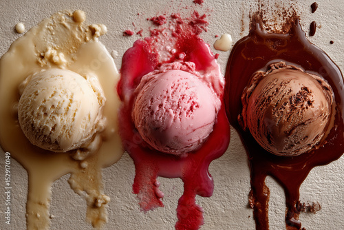 Three ice creams are melting on the beach.