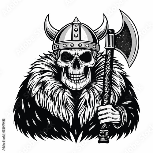 A weathered Viking skull, adorned with a fur cloak, rests beside a battle-axe on a stark white background.  High detail, dramatic lighting.