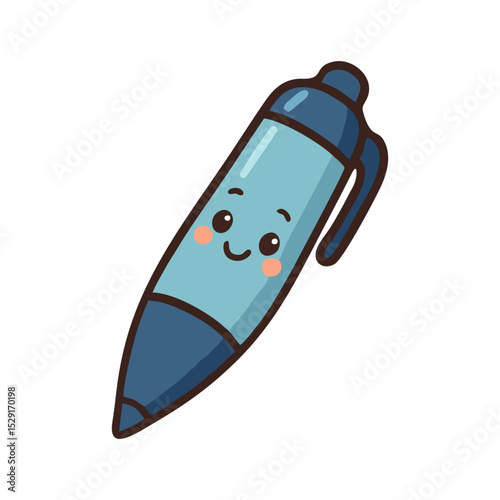 Cute cartoon blue pen with smiling face in kawaii style. Fun and playful vector illustration perfect for educational designs, school themes, kids' content, or stationery-related projects.