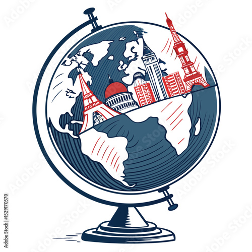 A vintage-style vinyl record spinning globe showcasing world icons; isolated on white background.  High-resolution, detailed illustration.
