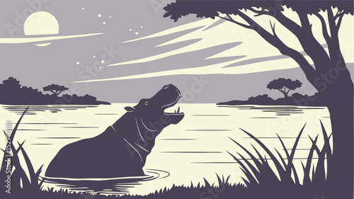 Hippopotamus Silhouette in African River at Night vector