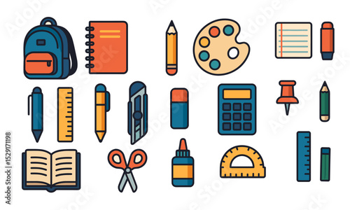 Flat-style vector icons of school supplies including backpack, notebook, pencil, ruler, glue, scissors, calculator, protractor, and more. Perfect for educational content, back-to-school designs, stude