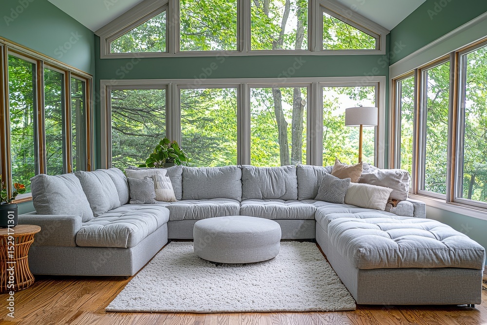 Fototapeta premium Large light gray fabric corner sofa with ottoman in sunroom featuring wooden floors, greenish-blue walls, white rug, side tables, lamps, and window view of trees
