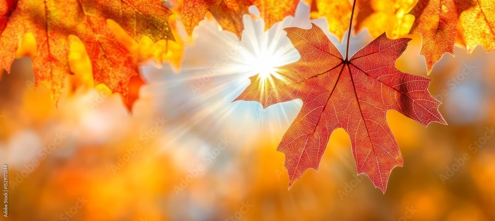 Fototapeta premium Stunning Autumn Landscape with Vibrant Maple Leaves Illuminated by Sunlight, Nature s Beauty