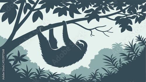 Three Toed Sloth Hanging on Tree Branch in Rainforest Silhouette