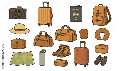 A collection of flat-style travel gear icons including luggage, backpack, camera, hat, passport, hiking boots, bottle, binoculars, and neck pillow. Ideal for travel blogs, packing guides, vacationplan