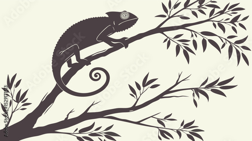 Chameleon Silhouette on Branch with Leaves reptile
