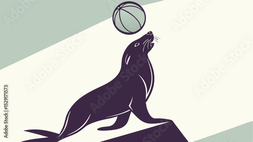 Seal Balancing Ball on Nose Vintage Style Illustration