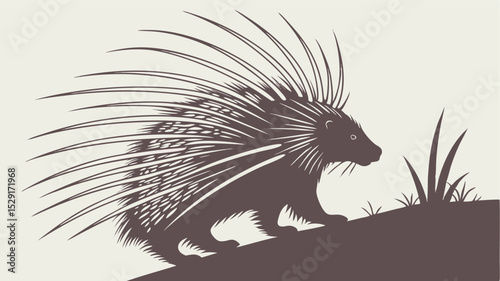 Brown Porcupine Silhouette on Beige Background with Grass