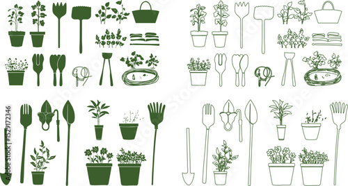 Set of illustrations of ornamental plants and gardens such as flower pots, soil shovels, water hoses and water sprinklers.