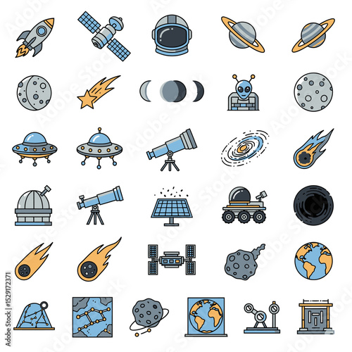 Colorful Space Icons Collection featuring Rockets, Planets, Telescopes, Astronauts and Galaxy illustrations perfect for educational projects or science designs