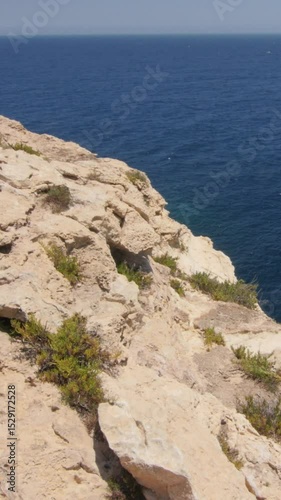 A rugged coastline with sparse vegetation, waves crashing below, capturing