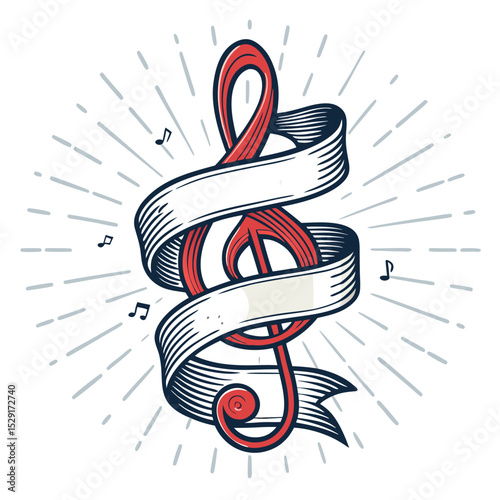 A vibrant, illuminated banner ribbon elegantly twists and forms a treble clef musical symbol.  Light rays emanate from within the ribbon's curves.