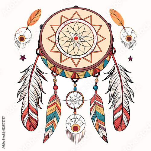 Design a vibrant boho-style flyer featuring a tambourine and dreamcatchers, incorporating earthy tones and flowing patterns.  Include text space for event details.