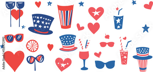 Vector bundle of 4th of July icons including American flags, bald eagles, beer glasses, patriotic hats, and fireworks. Designed for fun and freedom-themed designs, marketing, and event branding.