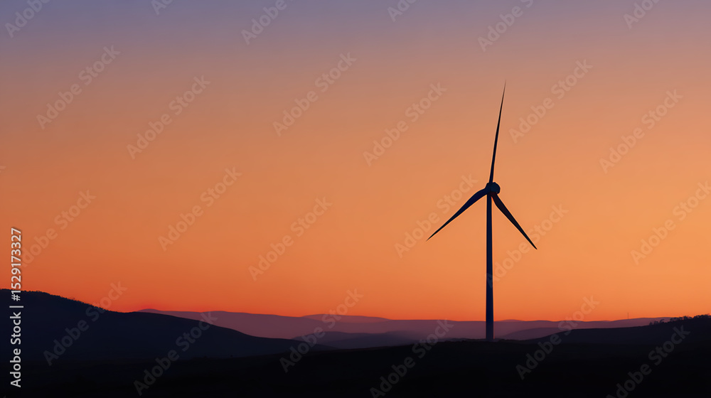 Obraz premium Wind turbine against sunset sky, symbolizing clean energy and sustainable future