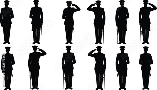 Comprehensive Collection of Military Personnel Silhouettes: Soldiers in Uniform Standing at Attention and Saluting, Ideal Vector Illustrations for Honor, Patriotism, and Remembrance Concepts