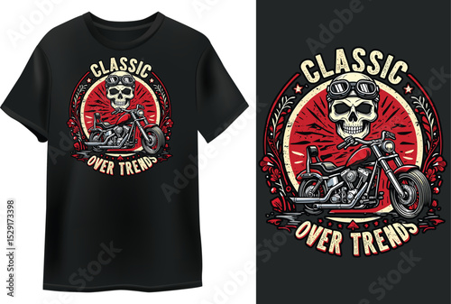 Classic Skull Motorcycle T-Shirt Design Vintage Style, Over Trends
