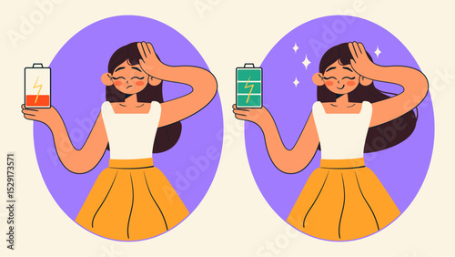 Burnout and low energy concept. Sad tired and cheerful energetic woman with full and low charge battery. Cartoon isolated vector illustration.