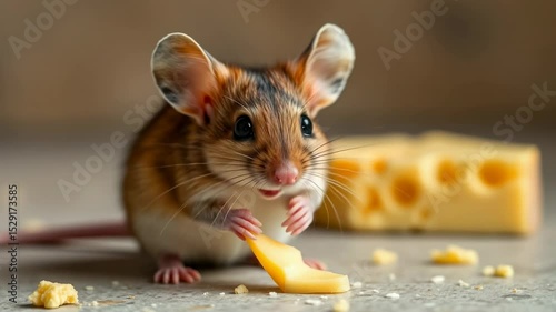 Close Up View Of Adorable Mouse Eating Yellow Cheese Slice On Stone Surface
