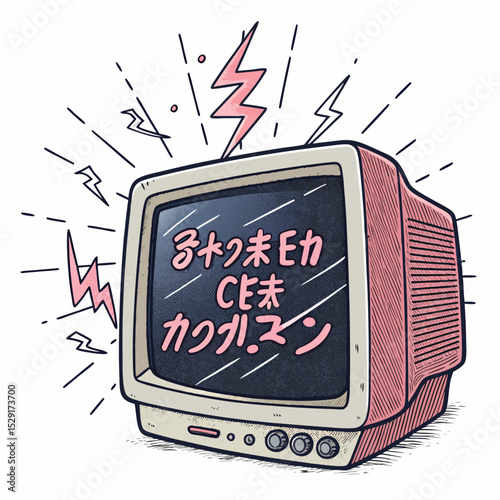 A close-up shot of a broken CRT monitor displaying glitched Japanese text, showcasing its damaged screen and internal components.