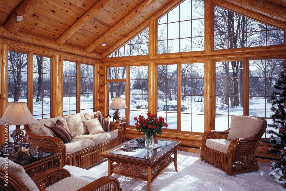 Fototapeta premium Cozy log cabin sunroom with light pine wood panel ceiling and walls, large panoramic windows, sofa, chairs, coffee table, lamps, and tulip vase in winter setting