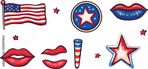 Colorful vector illustrations of iconic Independence Day elements—stars, stripes, flags, eagles, beer, and fireworks. Great for banners, digital graphics, T-shirt designs, and Fourth of July social me