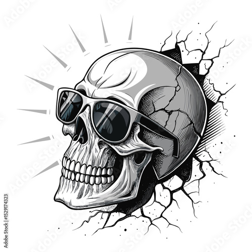 Render a chrome skull wearing sunglasses, fractured by digital cracks, displaying a reflective, metallic sheen.  High detail, 8k resolution.