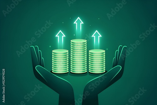Hands Holding Glowing Coin Stacks with Upward Arrows – Futuristic Digital Finance and Investment Growth Concept