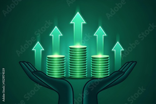 Hands Holding Glowing Coin Stacks with Upward Arrows – Futuristic Digital Finance and Investment Growth Concept