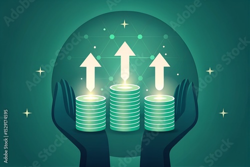 Hands Holding Glowing Coin Stacks with Upward Arrows – Futuristic Digital Finance and Investment Growth Concept