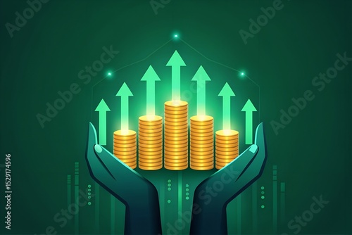 Hands Holding Glowing Coin Stacks with Upward Arrows – Futuristic Digital Finance and Investment Growth Concept