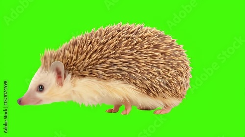hedgehog green screen albino hedgehog standing alert on bright green chroma key background