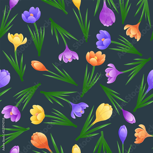Seamless pattern with multicolored crocuses on a dark background. The concept of nature, spring. Vector illustration for the design of postcards, clothing, textiles, banners, posters