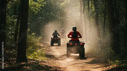 ATV Riders in a Dusty Forest Trail