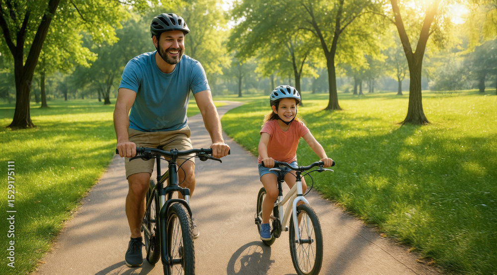 Obraz premium Happy father and daughter riding bicycles together in a sunlit green park, wearing helmets and smiling. Joyful outdoor family activity. Summer morning vibe.