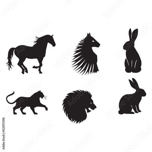 Wildlife Silhouettes Featuring Horse Hedgehog Panther Lion Head and Rabbits Vector Art