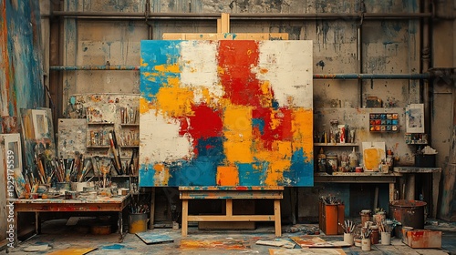 Abstract art on easel in an artist's studio