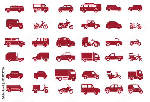 Set of vehicle silhouettes in line art form such as cars, motorbikes, trucks and pick-ups